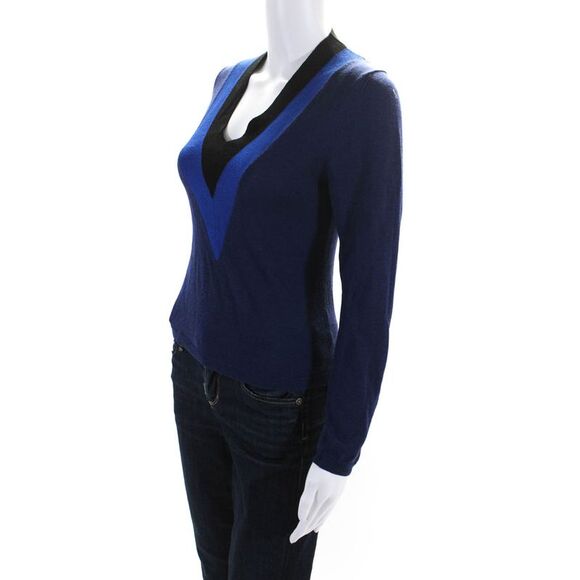 Aquazzura Womens Long Sleeve V Neck Striped Trim Sweater Navy Blue Wool Size XS - Picture 2 of 7